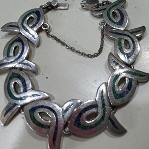 Taxco Mexico inlaid Malachite and Lapis Sterling Silver Bracelet.